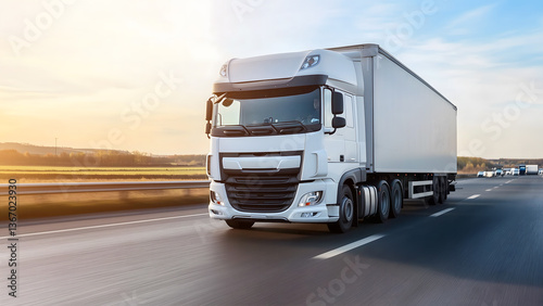 Wallpaper Mural White shipping truck speeding on highway. Fast delivery and logistics industry Torontodigital.ca