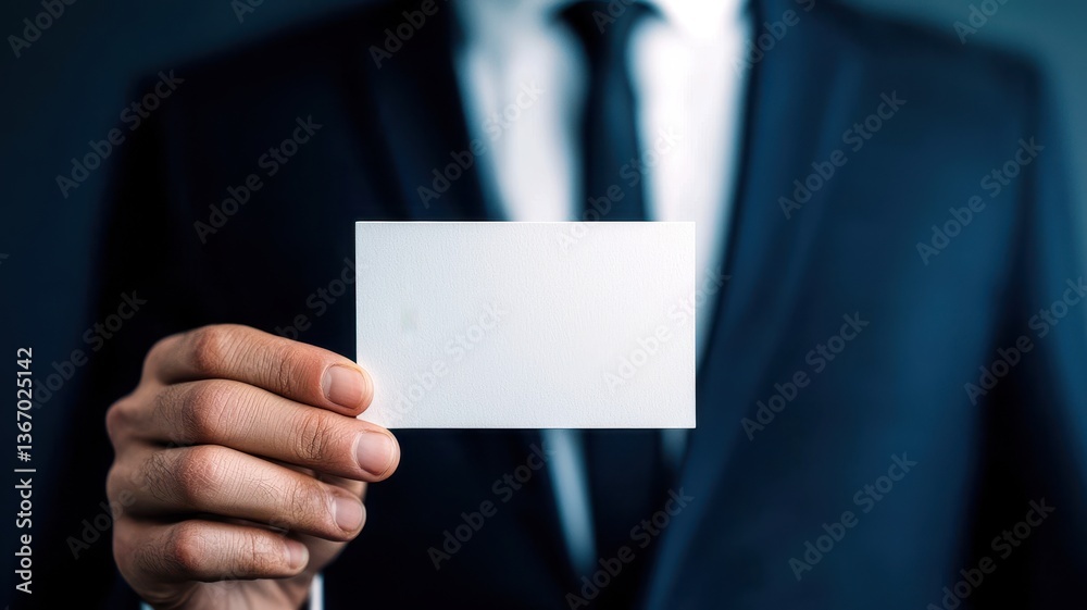 A businessman in a suit holds a blank white card, symbolizing professionalism and business identity. A businessman in a suit holds a blank white card, symbolizing professionalism and business identity.