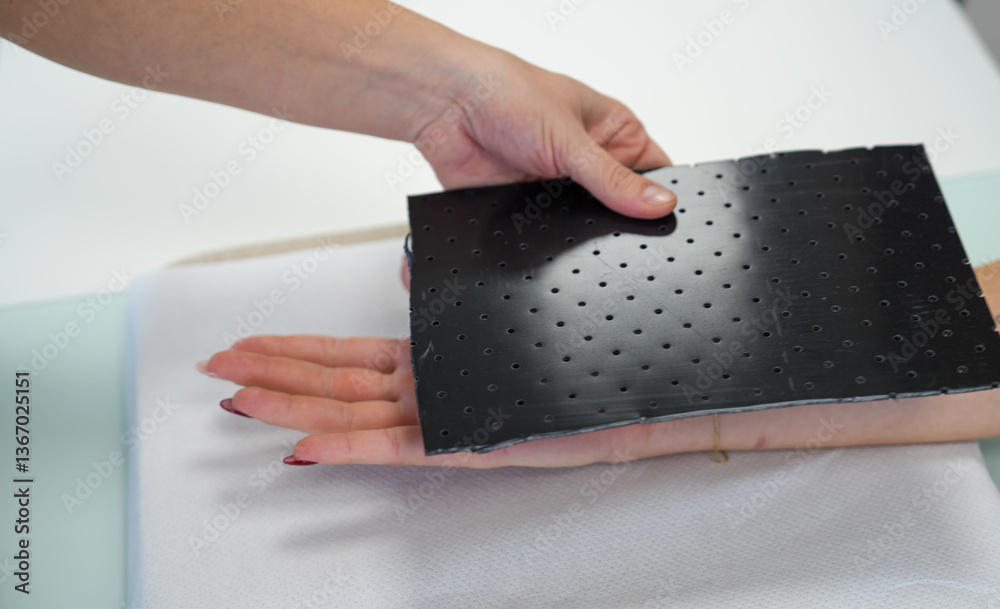 Physiotherapist prepares a hand brace for a young woman during rehabilitation session