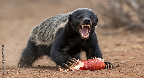 Honey Badger Feasting on Prey in African Savanna photo
