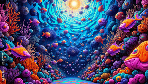 Fluorescent fish swimming in vibrant coral reef, ocean conservation