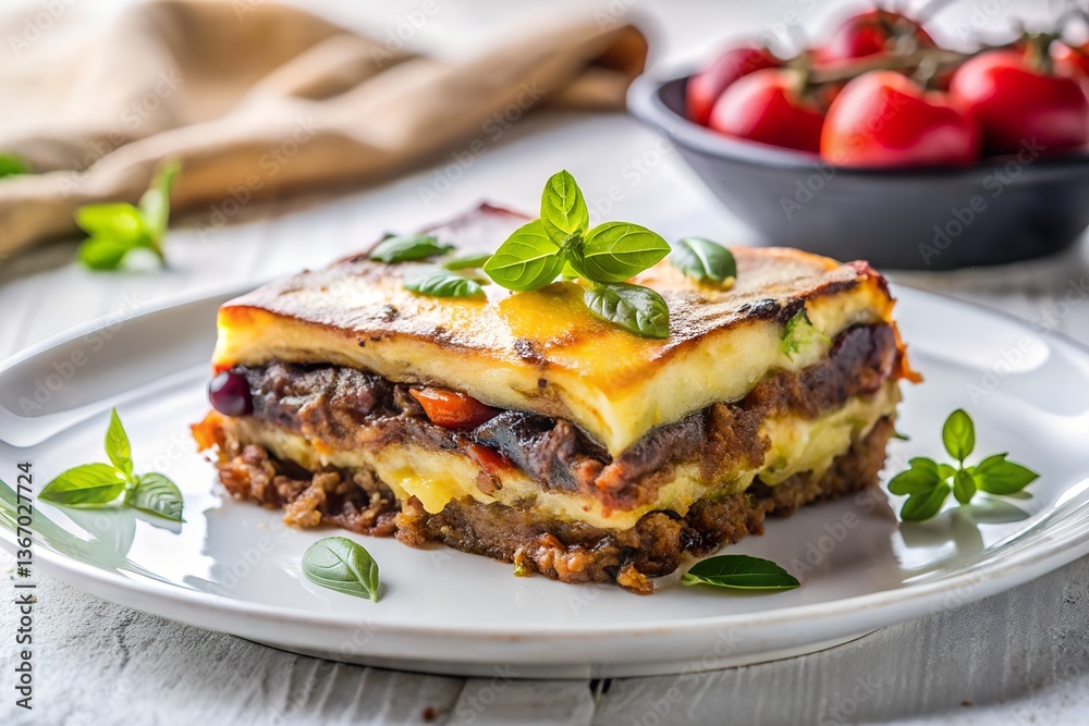 greek moussaka with layers of eggplant and meat in white background greek moussaka with layers of eggplant and meat in white background