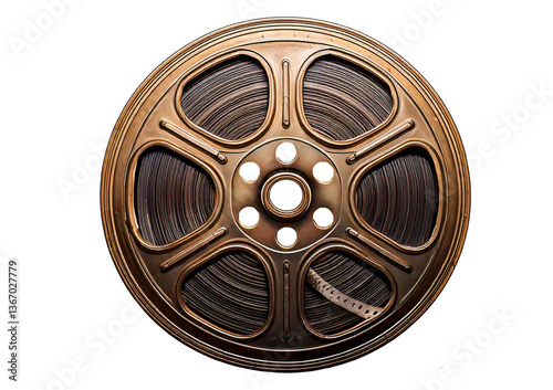 Vintage film reel with film strip, showcasing cinematic history and nostalgia isolated on a transparent or white background.