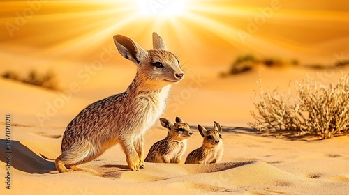 Desert Banded Hare with Young Ones Under Sunlit Sky in Arid Landscape on a Sandy Plain Surface photo