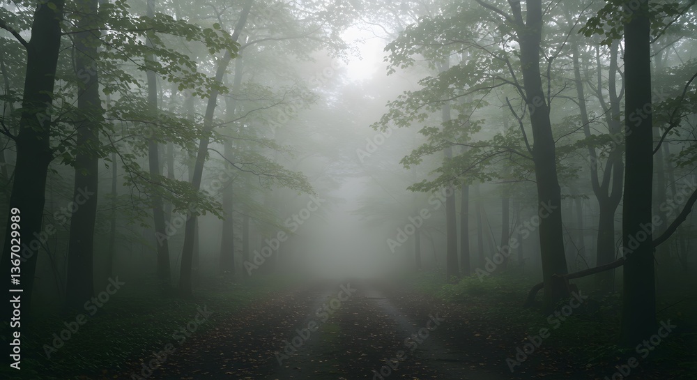 Obraz premium Misty forest path with atmospheric lighting - premium stock photography for travel and nature industries, ideal for evoking tranquility