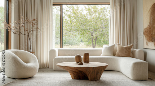 Bright living room with large open window and round wooden coffee table, natural light ambience