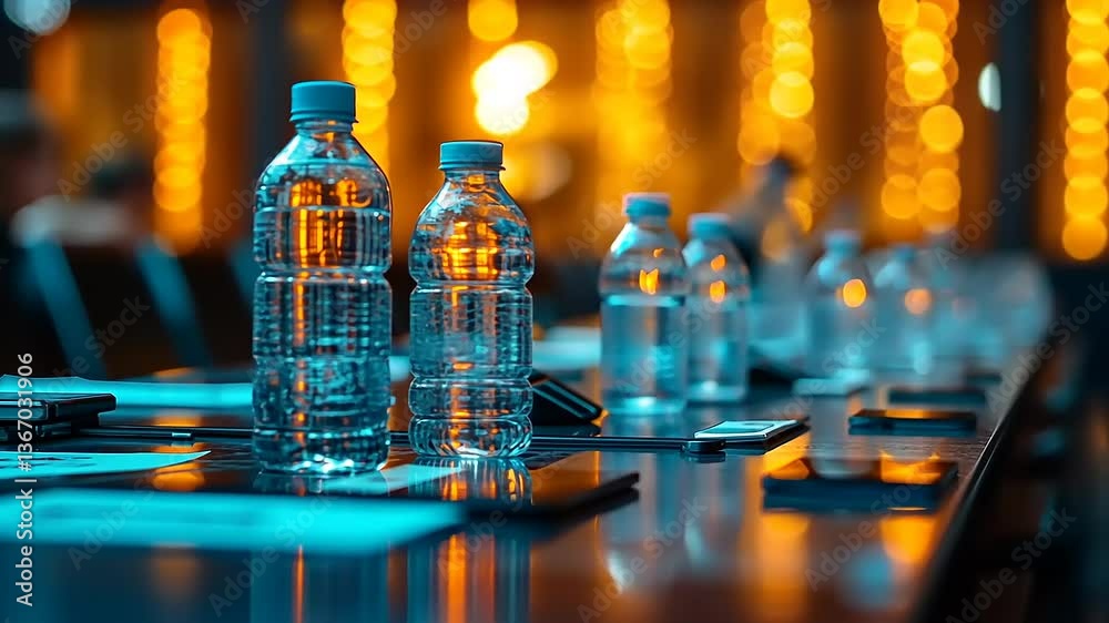 Three water bottles on a table illuminated by warm lights, creating a vibrant atmosphere