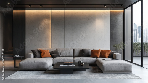 Contemporary gray living room with orange pillows and warm indirect lighting along the wall