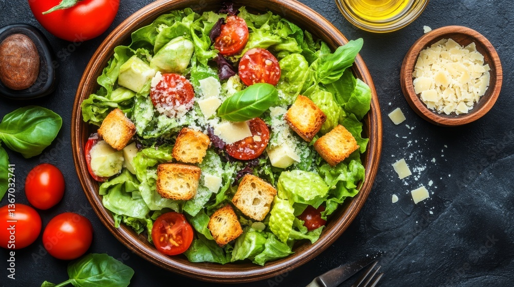 Top view of a fresh Caesar salad with crispy croutons and parmesan shavings on top Top view of a fresh Caesar salad with crispy croutons and parmesan shavings on top