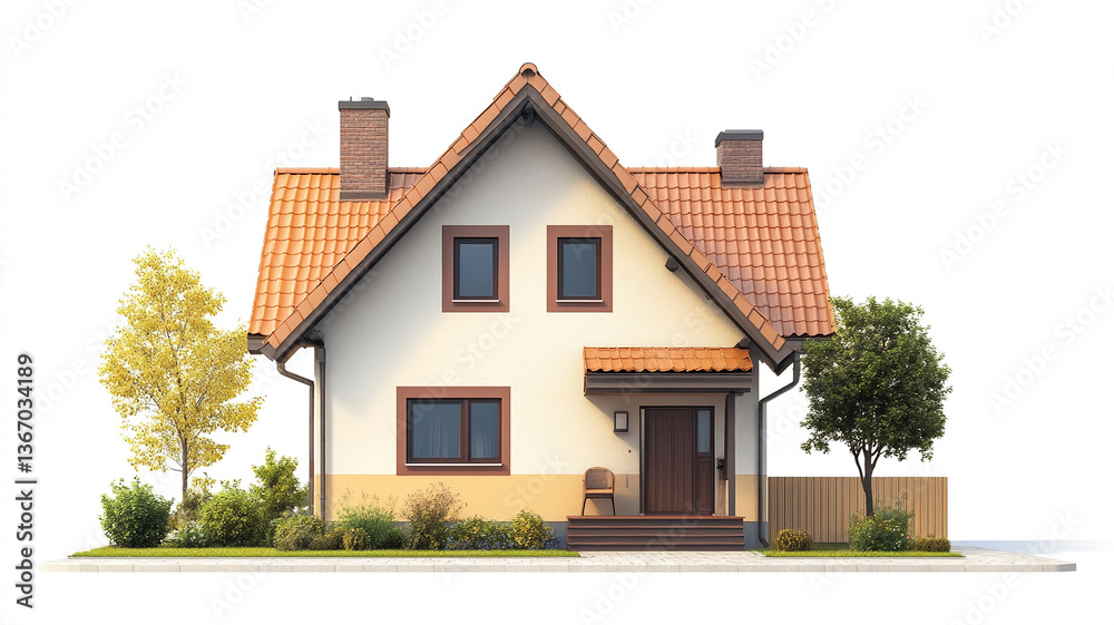 Charming minimalist house with red roof and garden on white background Charming minimalist house with red roof and garden on white background