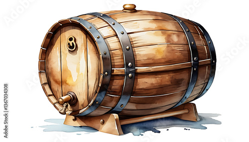Isolated Wooden Barrel with Spigot and Iron Hoops Watercolor Style