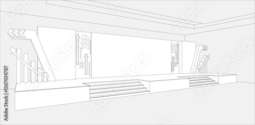 3d illustration stage backdrop LED screen blank space logo company with digital futuristic technology decoration for event show performance. Vector editable sketch outline drawing coloring isolated.