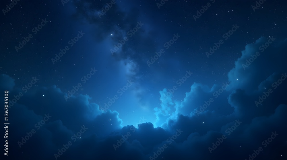 Dreamy night sky with glowing clouds and stars. Serene blue hues, perfect for backgrounds, spiritual art, and calming visuals.