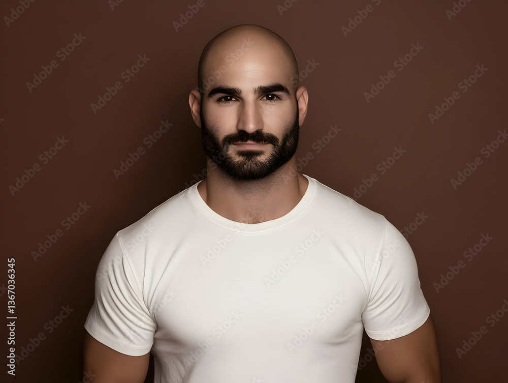 Naklejka premium Photo Portrait of a Confident Bald Man with Beard in White T-Shirt