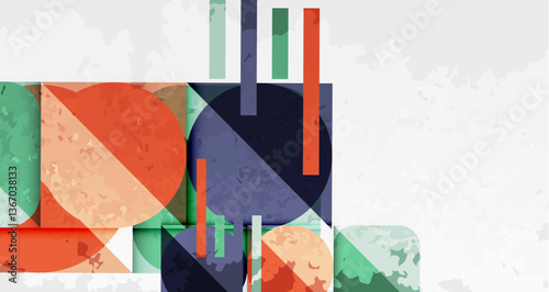 Squares, circles and triangles and grainy noisy texture. Vector Illustration For Wallpaper, Banner, Background, Card, Book Illustration, landing page