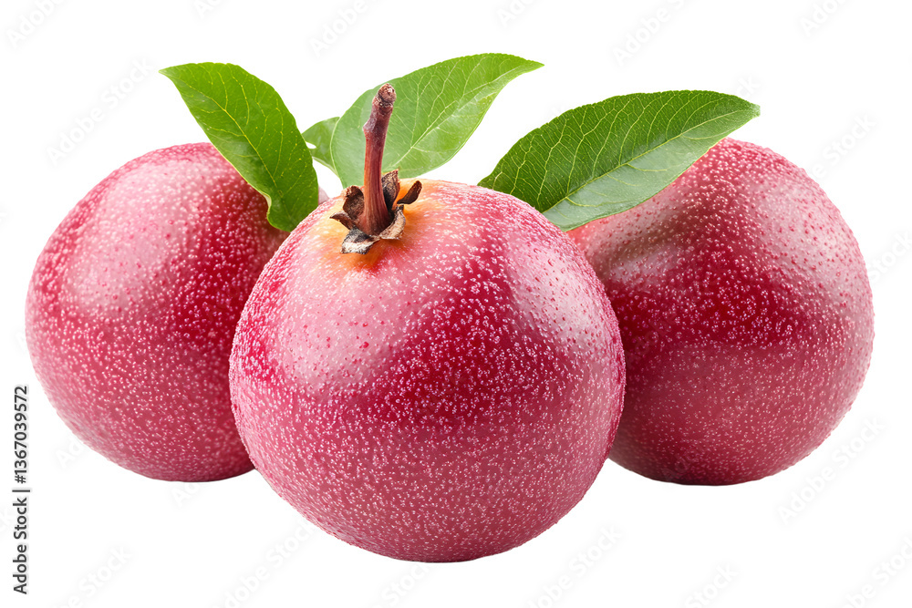 Fototapeta premium Fresh red apple with a green leaf on a white background