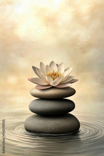 A delicate lotus flower rests gracefully on top of a stack of smooth black stones, which are placed in calm water with gentle ripples, creating a tranquil and serene atmosphere.