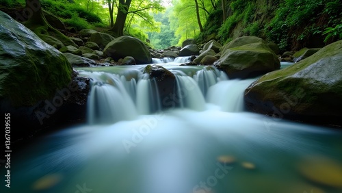 Serene Forest Stream with Cascading Waterfalls Over Mossy Boulders in a Green Landscape 