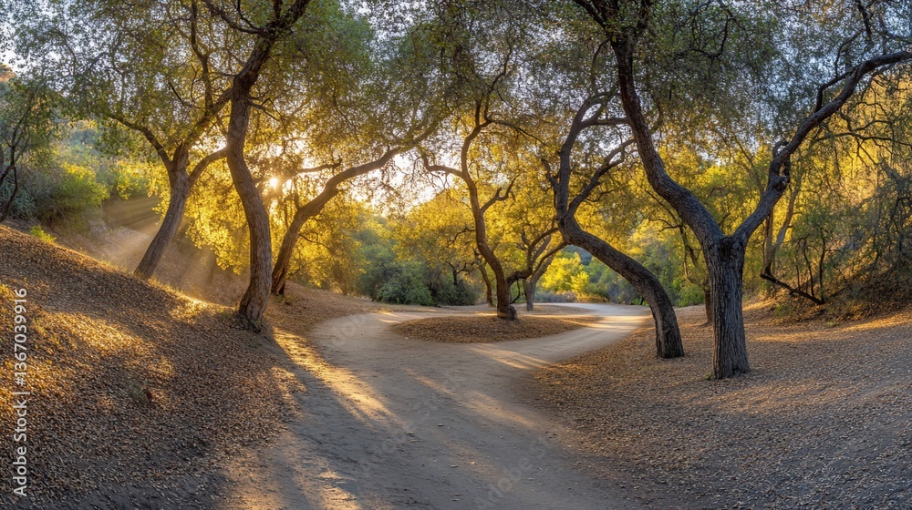 Fototapeta premium Sunlit path winding through oak grove, nature background, perfect for travel brochure