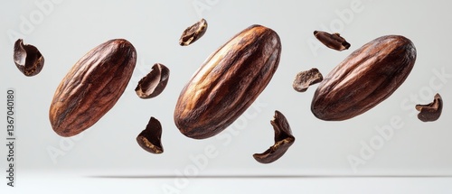Cocoa beans and fragments float against a white background