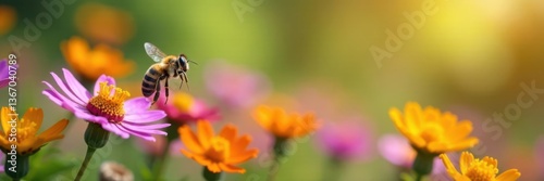 Colorful bee flies over a field of vibrant flowers with intricate details and soft lighting , insects, flowers