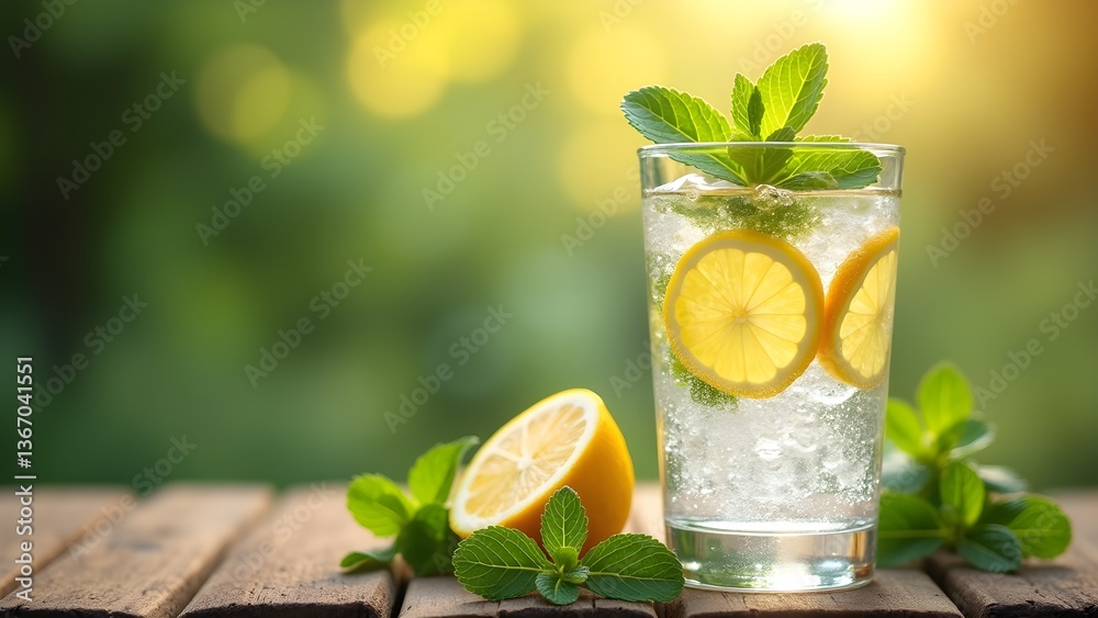 Refreshing Lemonade with Mint: A Citrusy Summer Drink on a Wooden Table Refreshing Lemonade with Mint: A Citrusy Summer Drink on a Wooden Table