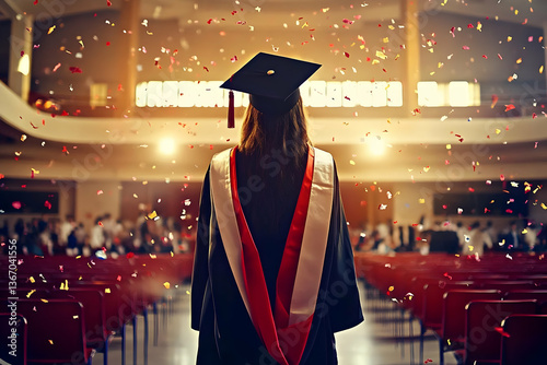 Rear View Of Graduate In Black Gown with Confetti Celebration Photo