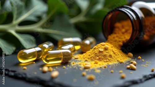 Golden Turmeric Capsules and Powder Spill from a Bottle for Natural Health Remedies