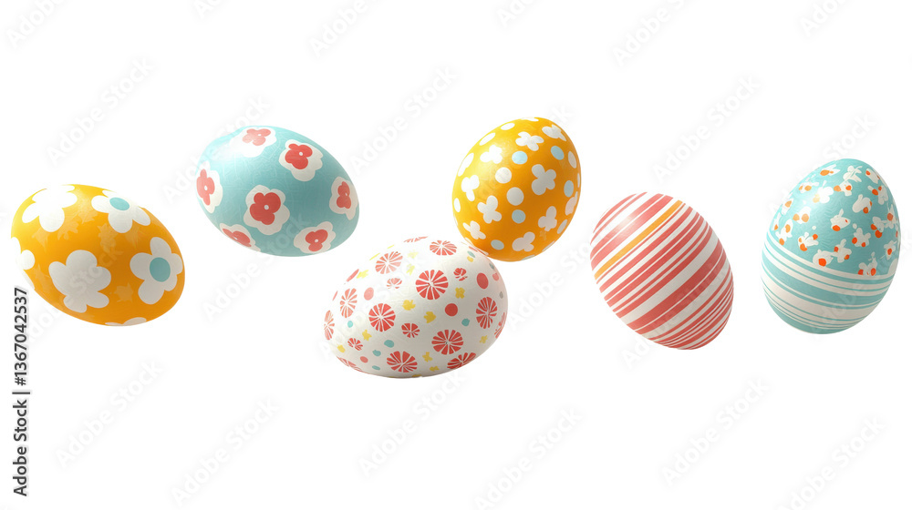 A collection of vibrant and decorative Easter eggs in various pastel hues adorned with whimsical patterns like polka dots stripes and floral designs arranged against a clean white backdrop A collection of vibrant and decorative Easter eggs in various pastel hues adorned with whimsical patterns like polka dots stripes and floral designs arranged against a clean white backdrop