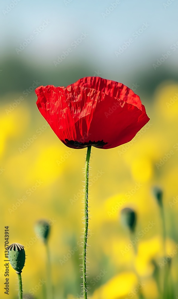 Obraz premium a red flower in a field of yellow flowers