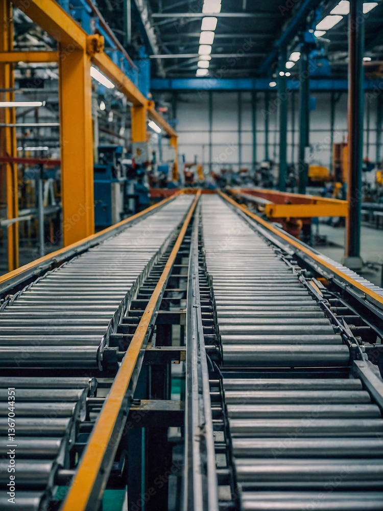 Empty roller conveyor line in a production workshop