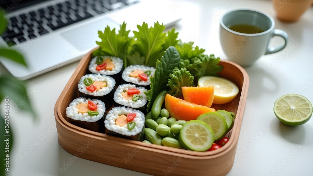 Sushi Bento Box with Fresh Greens and Citrus Fruits for a Balanced Meal at Home Workspace Sushi Bento Box with Fresh Greens and Citrus Fruits for a Balanced Meal at Home Workspace