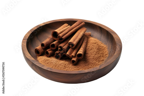 Fototapeta Naklejka Na Ścianę i Meble -  Cinnamon sticks and powder in a wooden bowl spice aroma warmth baking