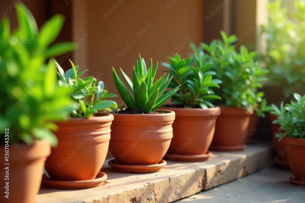 Fototapeta premium Earthy tones of terracotta pots with greenery , greenery, terracotta pots