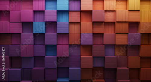 A 3D grid of staggered square blocks with colors transitioning from purples and blues to oranges and reds.
