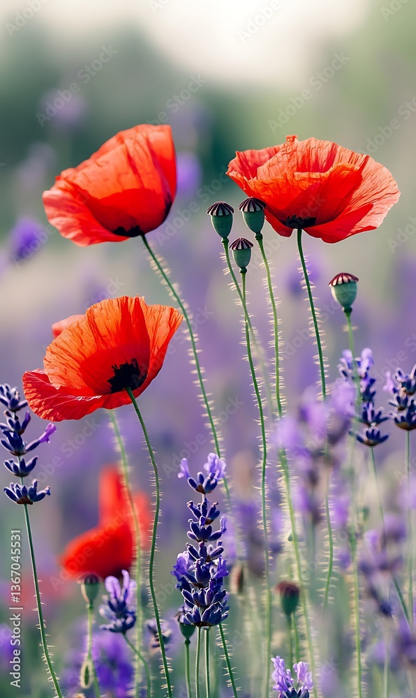 Fototapeta premium a group of red flowers in a field of purple flowers