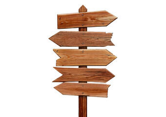 Wooden signposts with various arrows pointing in different directions, isolated on a transparent or white background