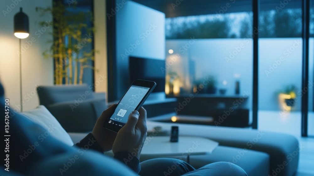 Person using a smartphone to monitor and control smart lighting and heating systems in a modern living room, sleek living room with digital interfaces and connected devices, High-tech style Person using a smartphone to monitor and control smart lighting and heating systems in a modern living room, sleek living room with digital interfaces and connected devices, High-tech style
