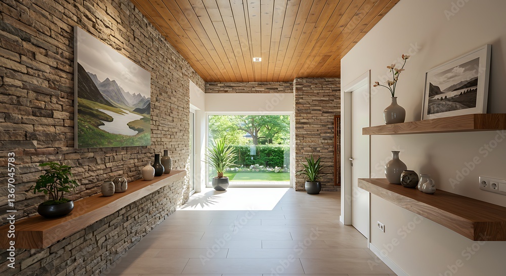 Fototapeta premium Coastal interior design of modern entrance hall with stone tiles wall and wooden rustic elements. Created with generative AI 