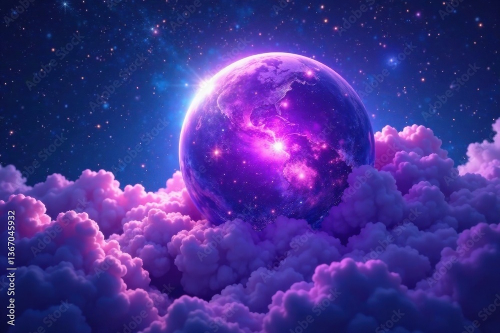 Fototapeta premium Ethereal celestial sphere with swirling purple mist and starry night sky background , abstract planets, mystic, dreamy