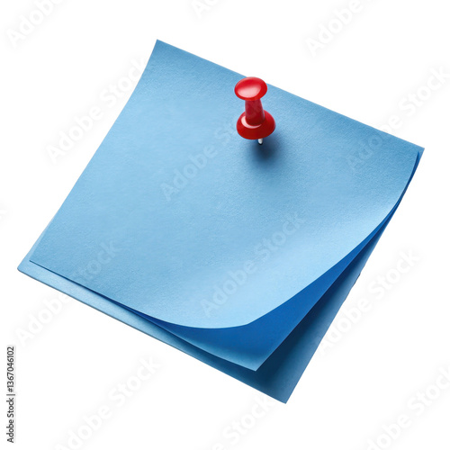A blue sticky note with a red push pin