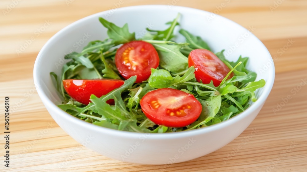 Fresh salad with arugula and cherry tomatoes in a white bowl on a wooden surface, promoting healthy eating. Fresh salad with arugula and cherry tomatoes in a white bowl on a wooden surface, promoting healthy eating.