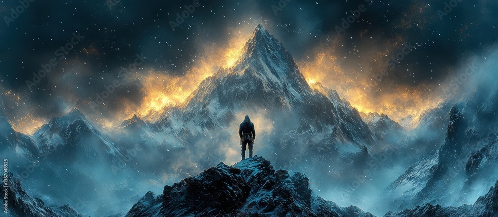 Fototapeta premium Lone Figure on Mountain Peak at Dawn