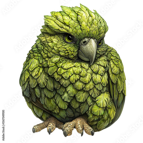 A Playful Kakapo Sitting with Bright Green Feathers Isolated on Transparent Background