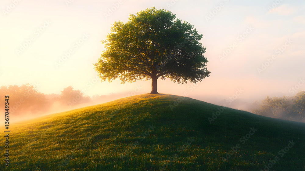 Obraz premium Solitary Tree on a Hill at Sunrise