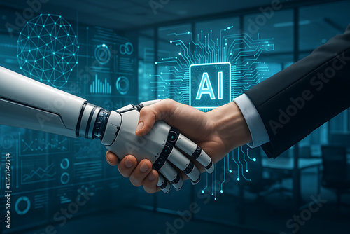 Futuristic business partnership with handshake between human and robot symbolizing artificial intelligence collaboration digital transformation and technology integration in corporate environment