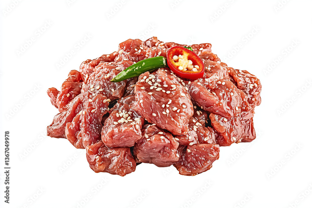 a pile of meat with a chili and pepper on top a pile of meat with a chili and pepper on top