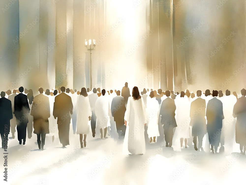 Obraz premium Watercolor Illustration Of Walking Crowd in White Suits Under Golden Sunlight