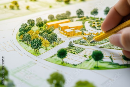 Architectural design of a landscape plan.  Hand drawing a detailed site plan, incorporating buildings and landscaping