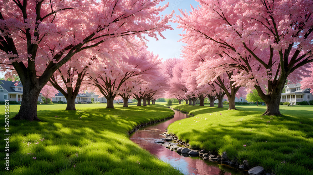 Fototapeta premium Cherry Blossom Trees in Full Bloom Forming a Tunnel in a Serene Spring Park